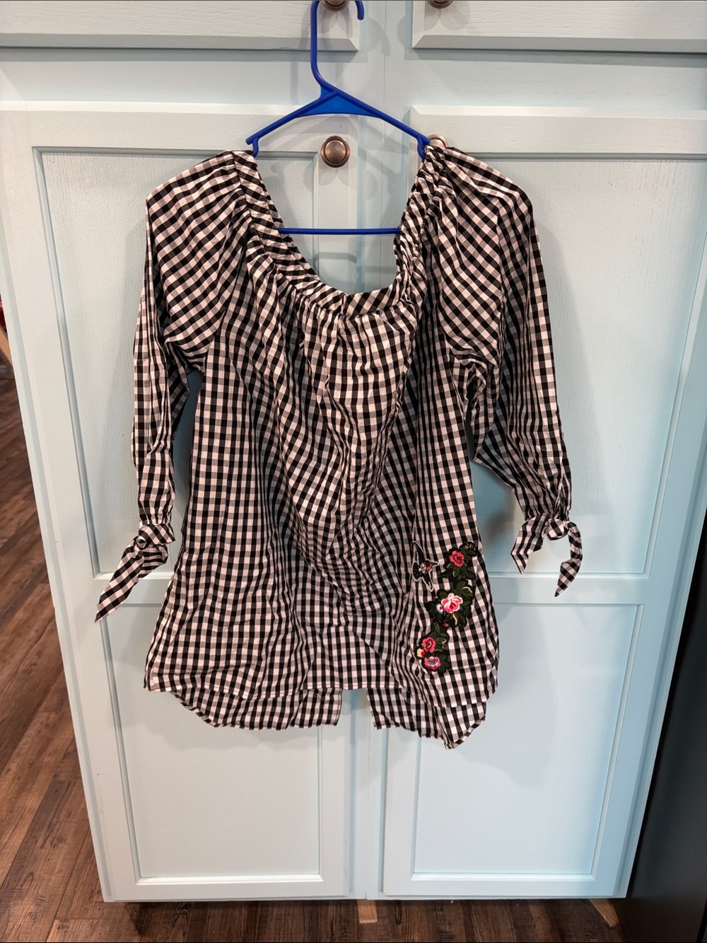 Black & White Gingham Off-Shoulder Blouse with Floral Embroidery